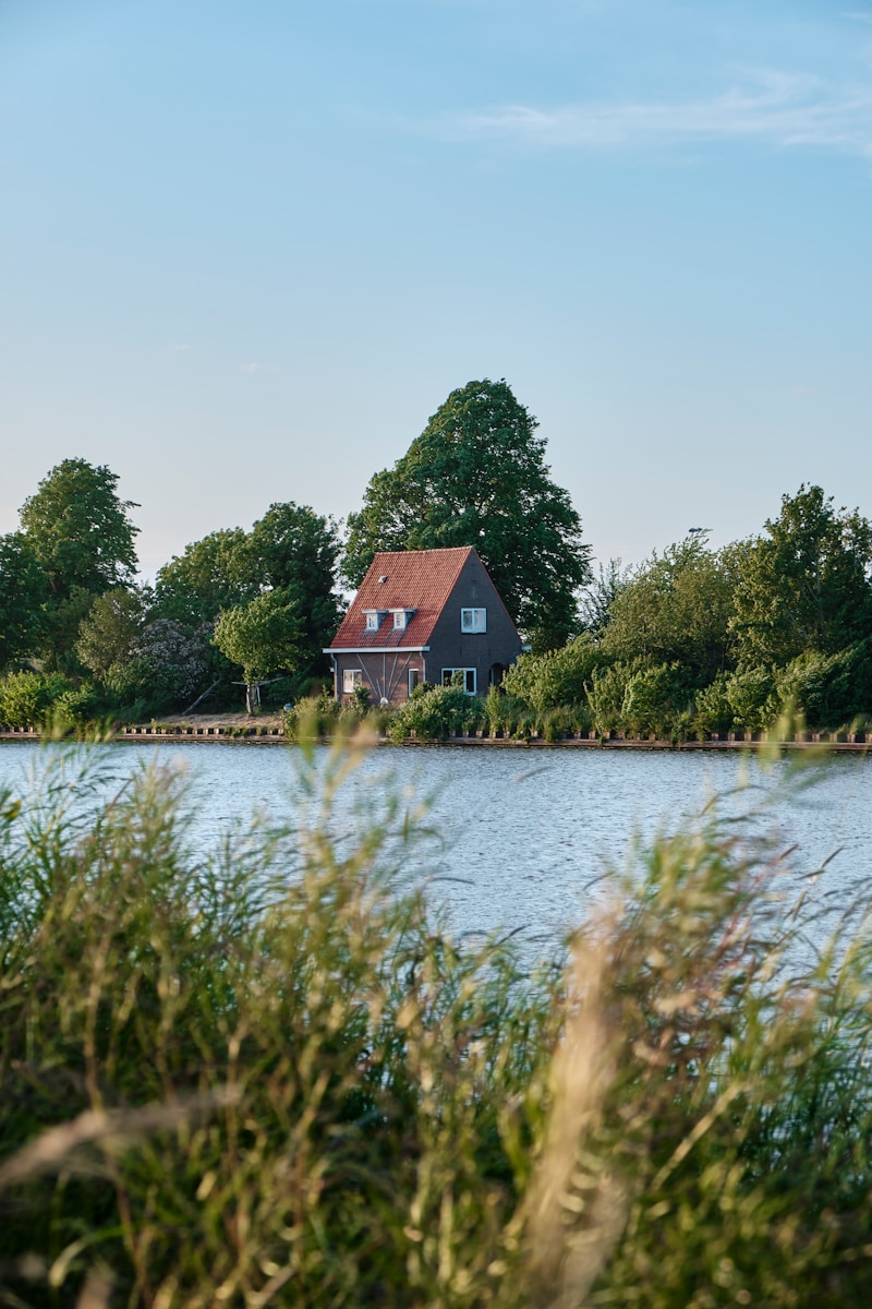 a house sitting on top of a lake surrounded by trees